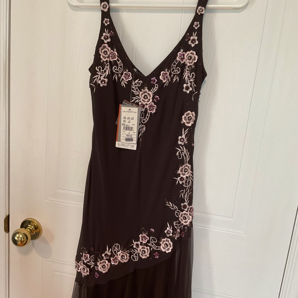 R&M Richards Gown Womens 6P Brown NWT Floral Embroidered Tulle Maxi Dress - Picture 4 of 10